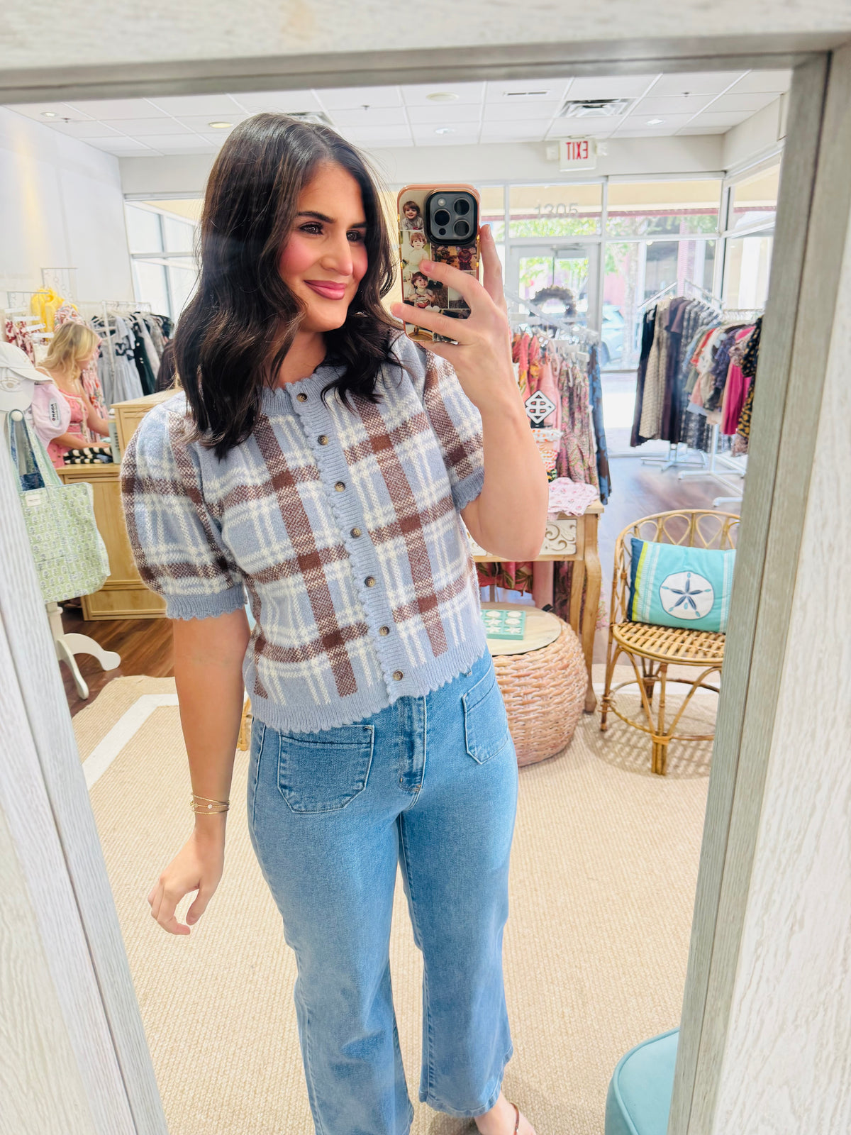 Dusty Blue Brown Sweater Top