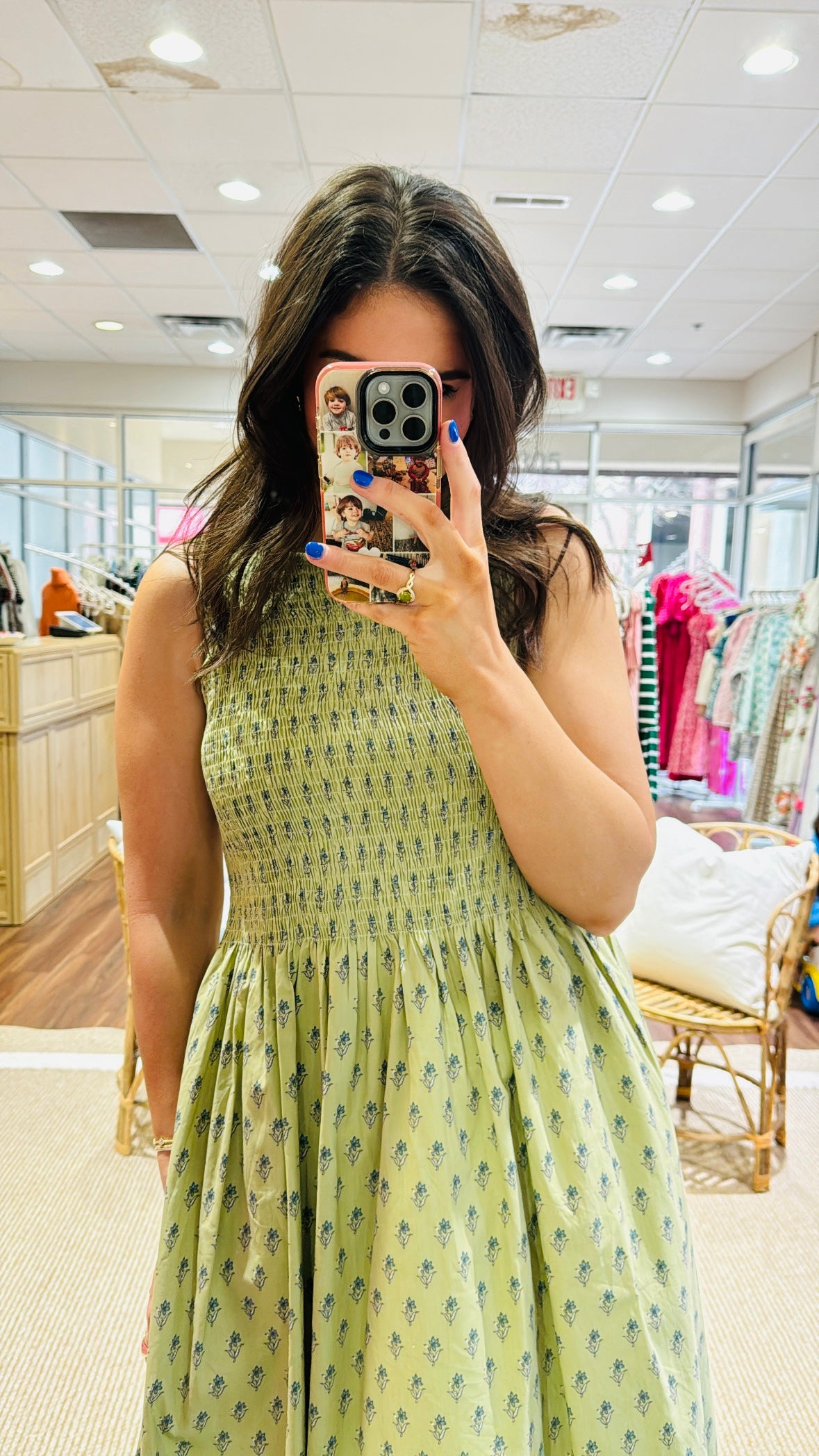 Emma Dress Green with Blue Floral