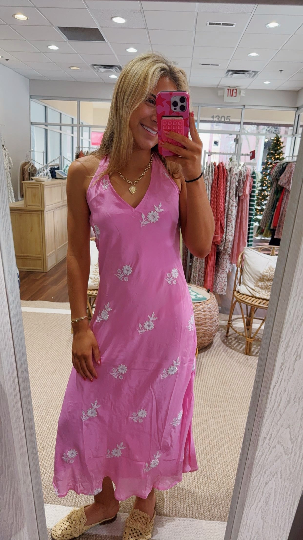 Chakeris Floral Embroidered Silk Dress Pink