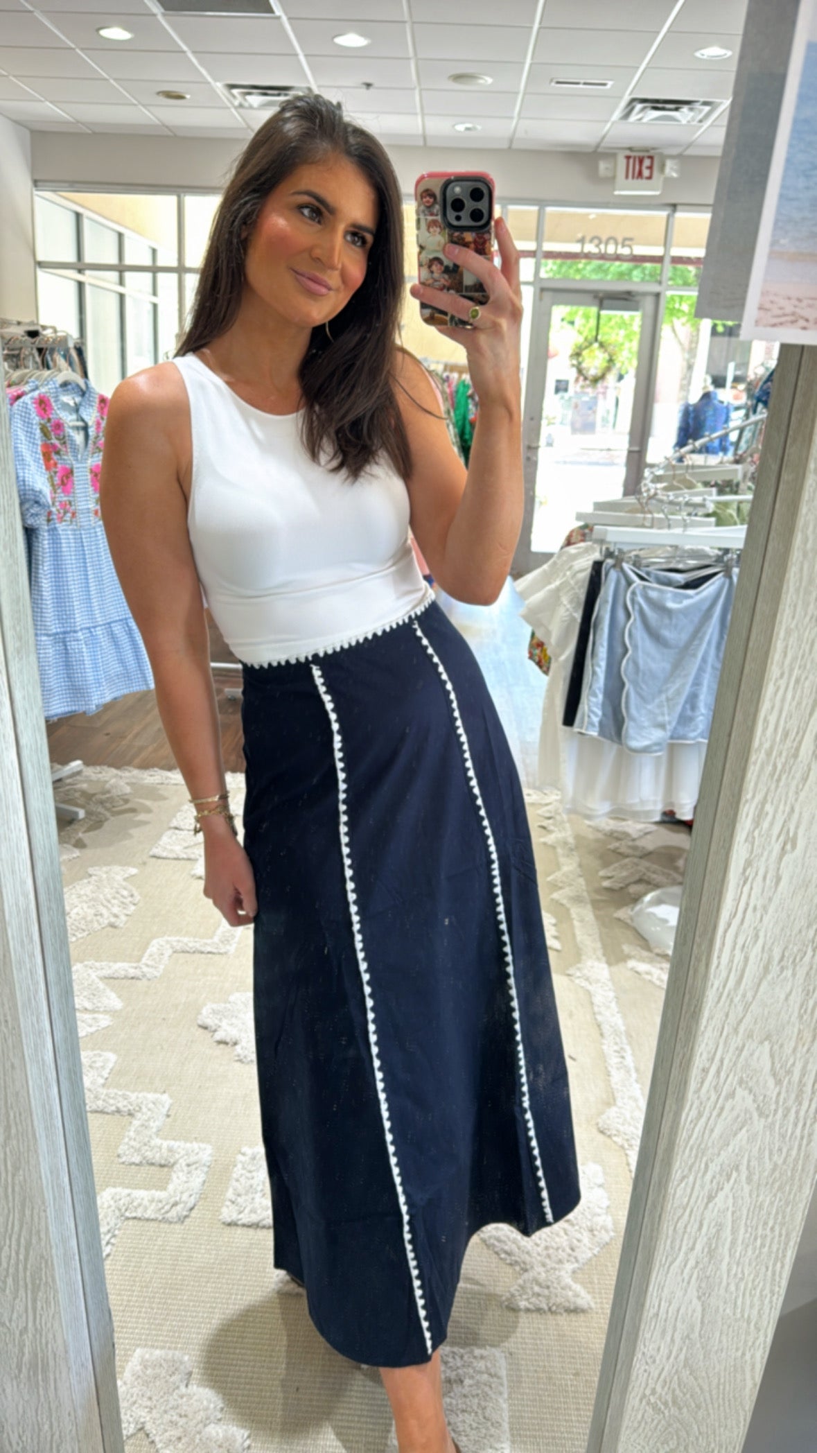 Hanley Midi Skirt Navy with White Whip Stitch