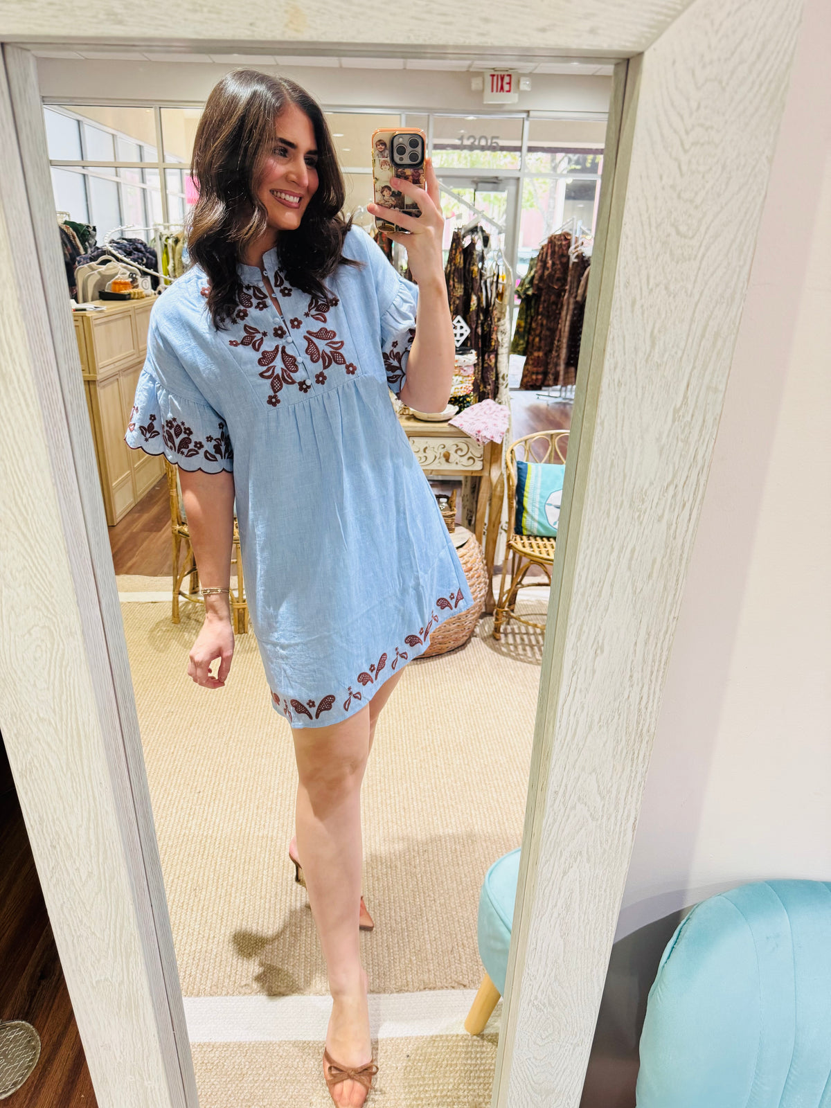 Denim Blue Brown Embroidered Dress THML