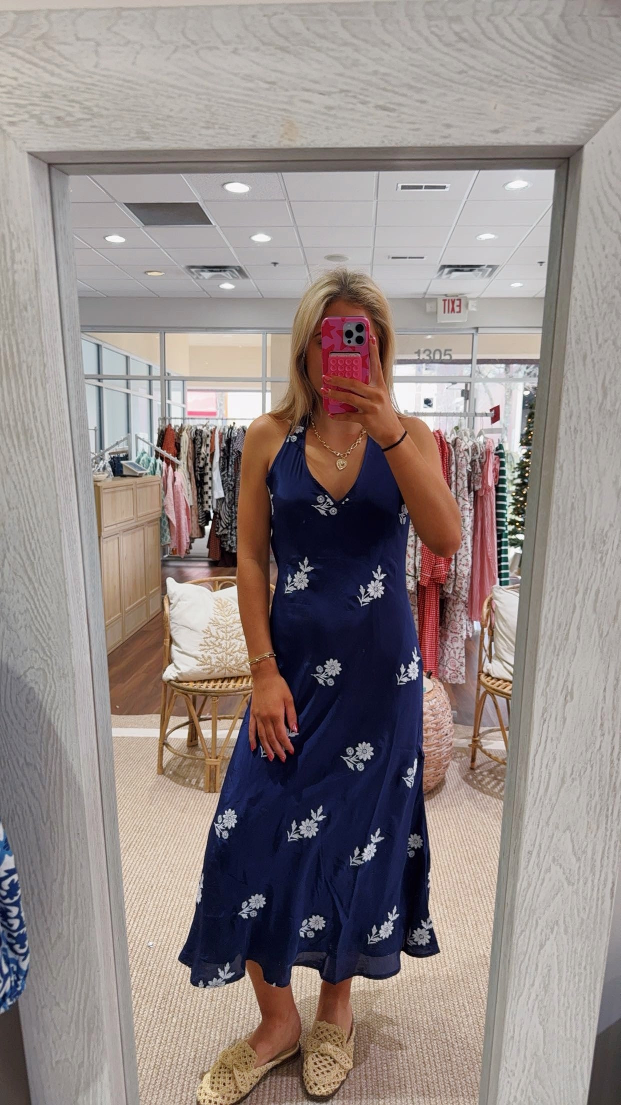 Chakeris Floral Embroidered Silk Dress Navy