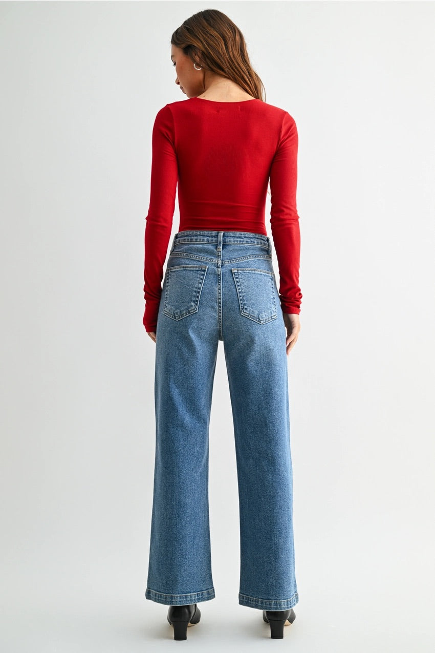 Just Black (Medium Wash) Patch Pocket Wide Leg Jeans