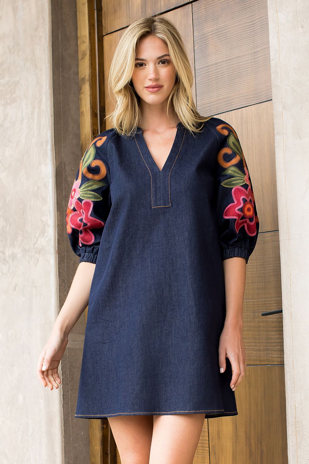 THML Autumn Embroidered Denim Dress