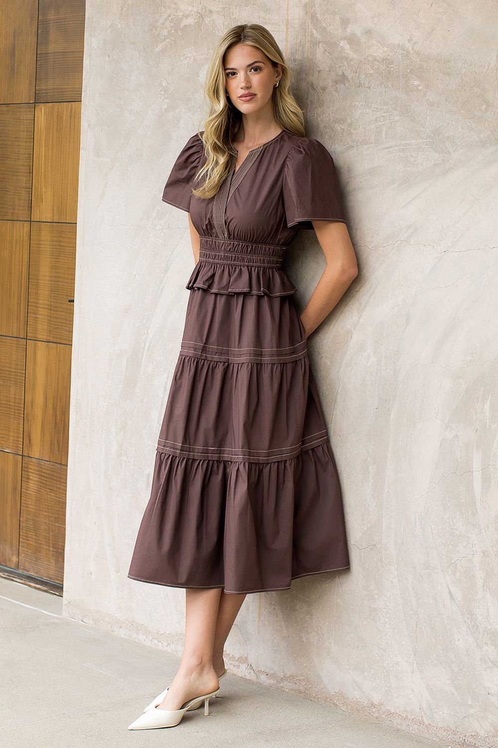 Sammy Chocolate Tiered Midi Dress THML