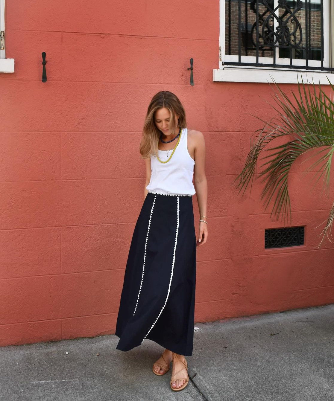 Hanley Midi Skirt Navy with White Whip Stitch