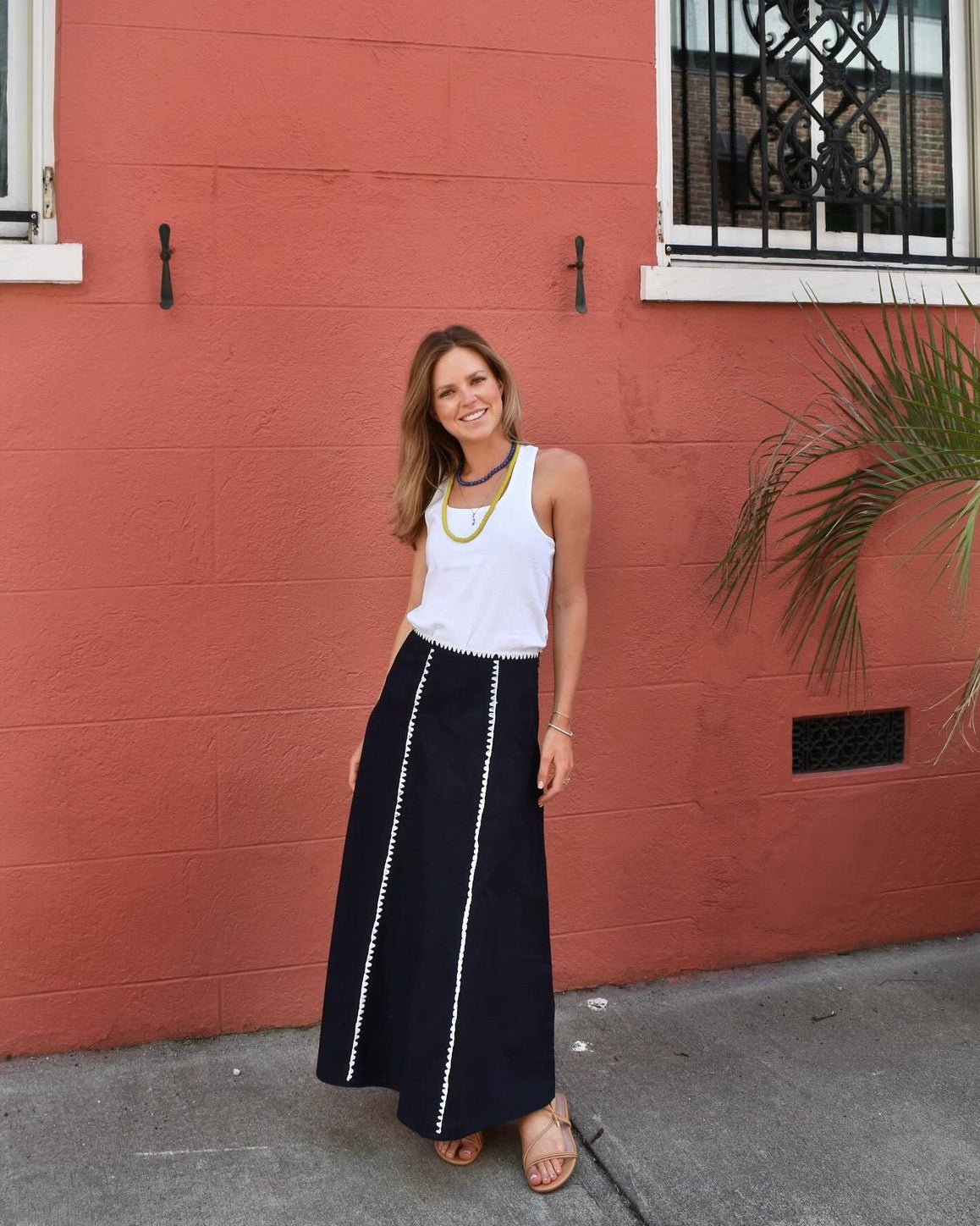 Hanley Midi Skirt Navy with White Whip Stitch