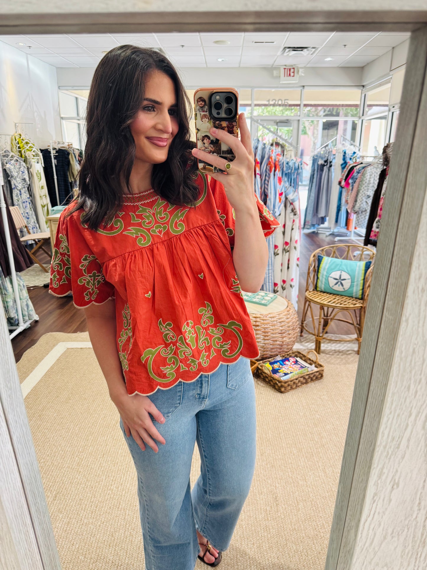 Rust Orange Flutter Sleeve Embroidered Top THML