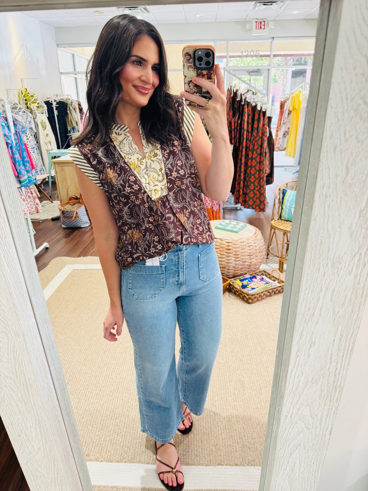 Two Tone Brown Floral Top THML