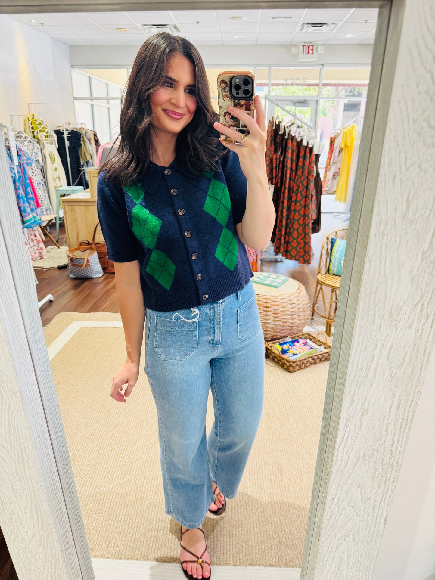Navy Green Argyle Sweater Top Entro