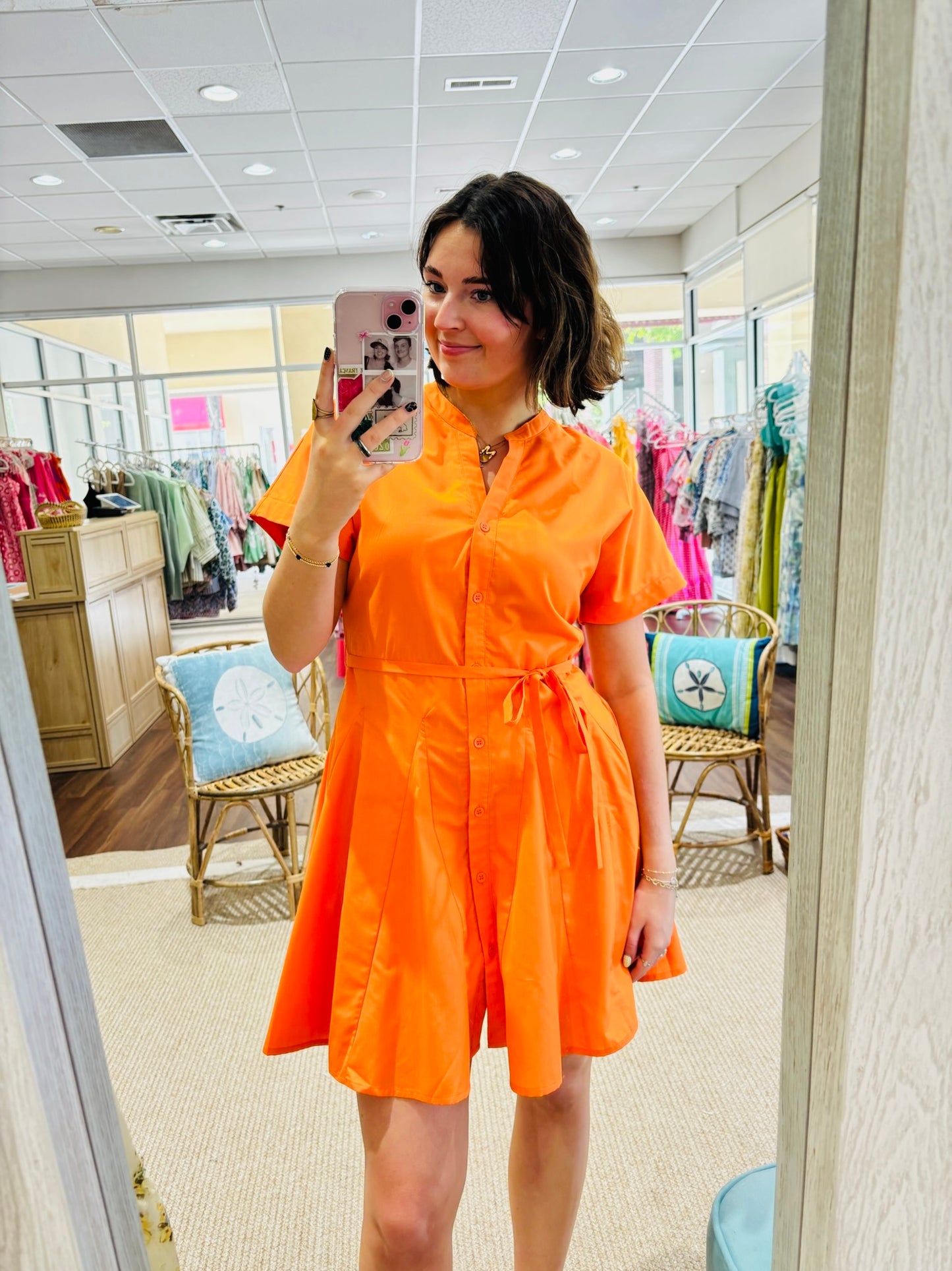 Button Flare Dress Orange