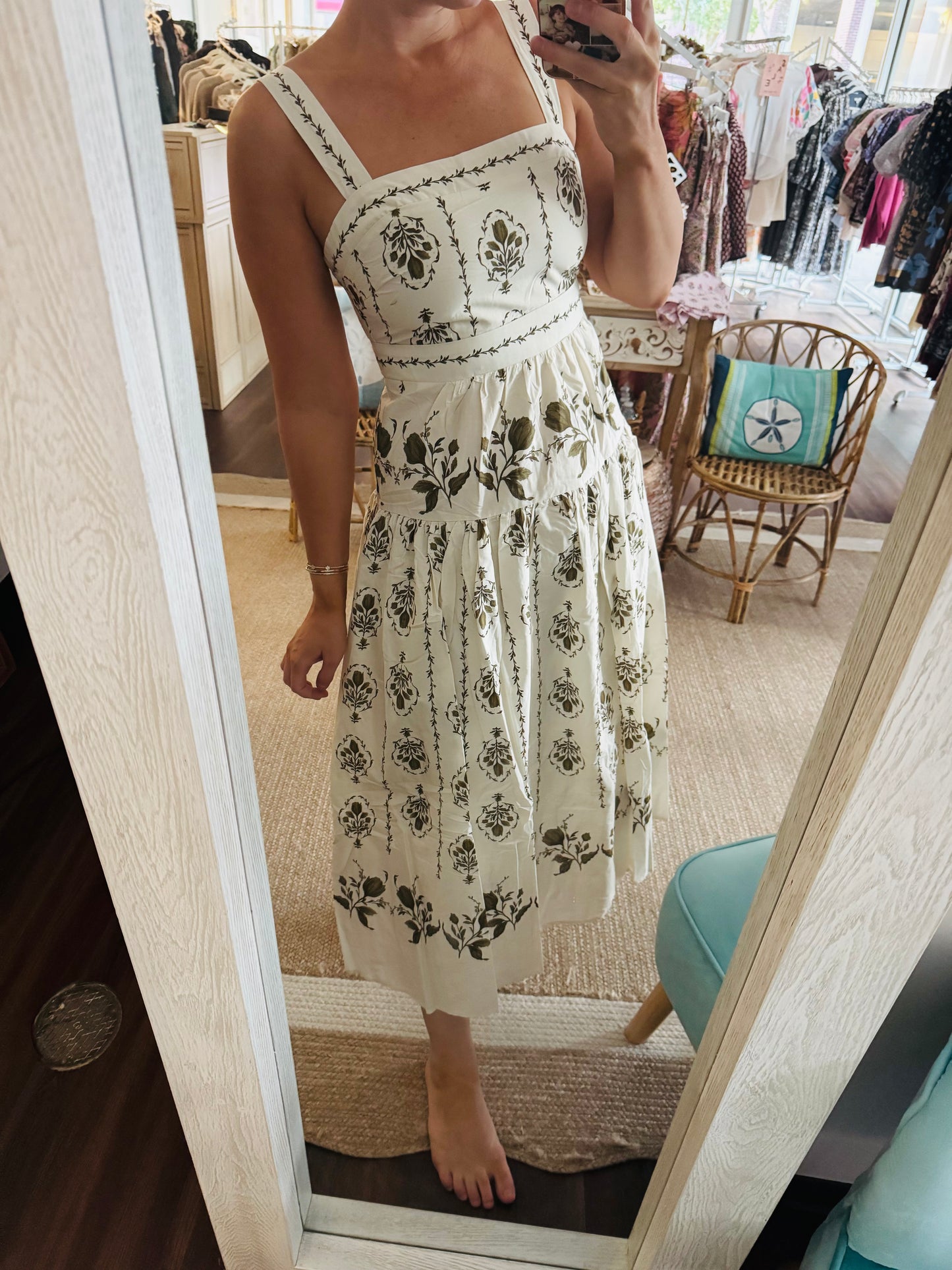 Green Botanical Drop Waist Midi Dress