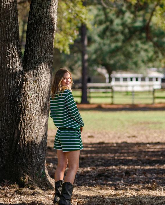Perfect Pima Pj Set - Green & White Stripe