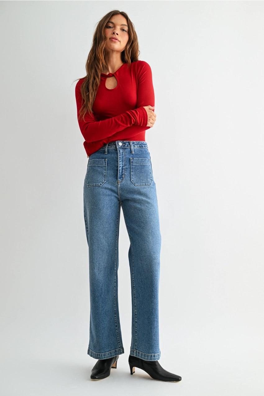 Just Black (Medium Wash) Patch Pocket Wide Leg Jeans