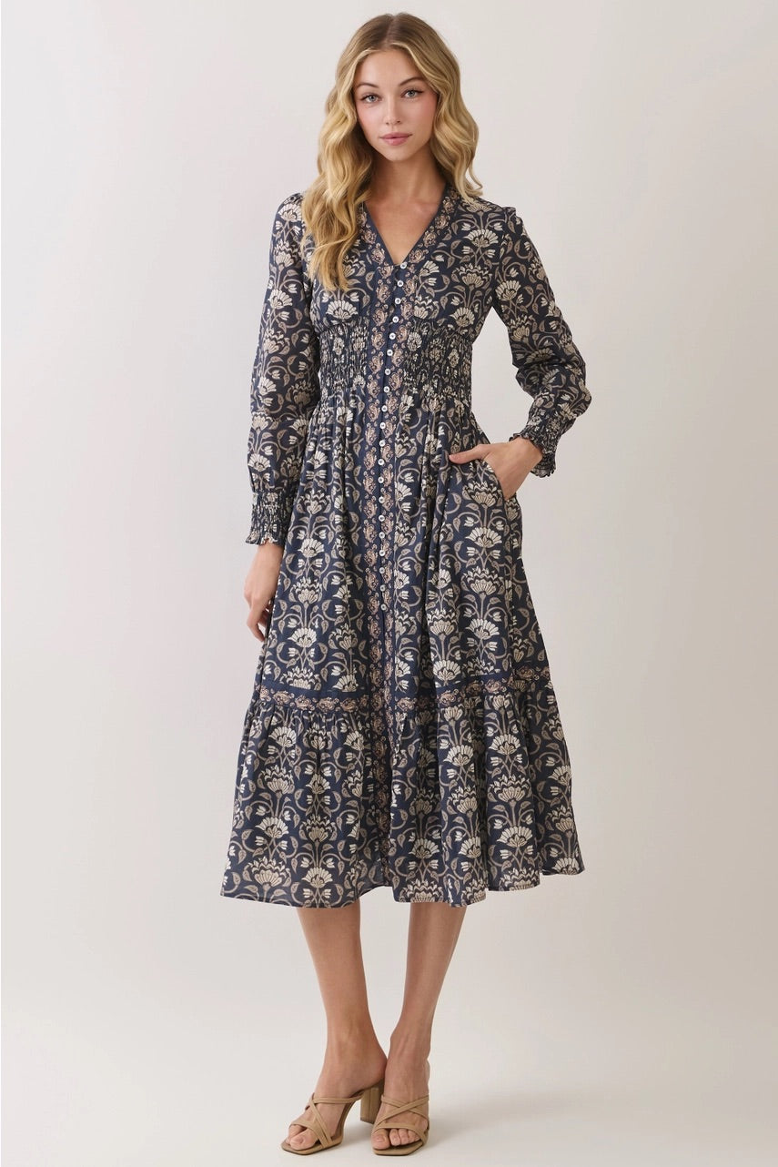 Floral Print Smocked Waist Midi Dress
