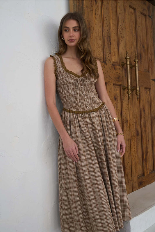 Brown Plaid Ruffle Dress