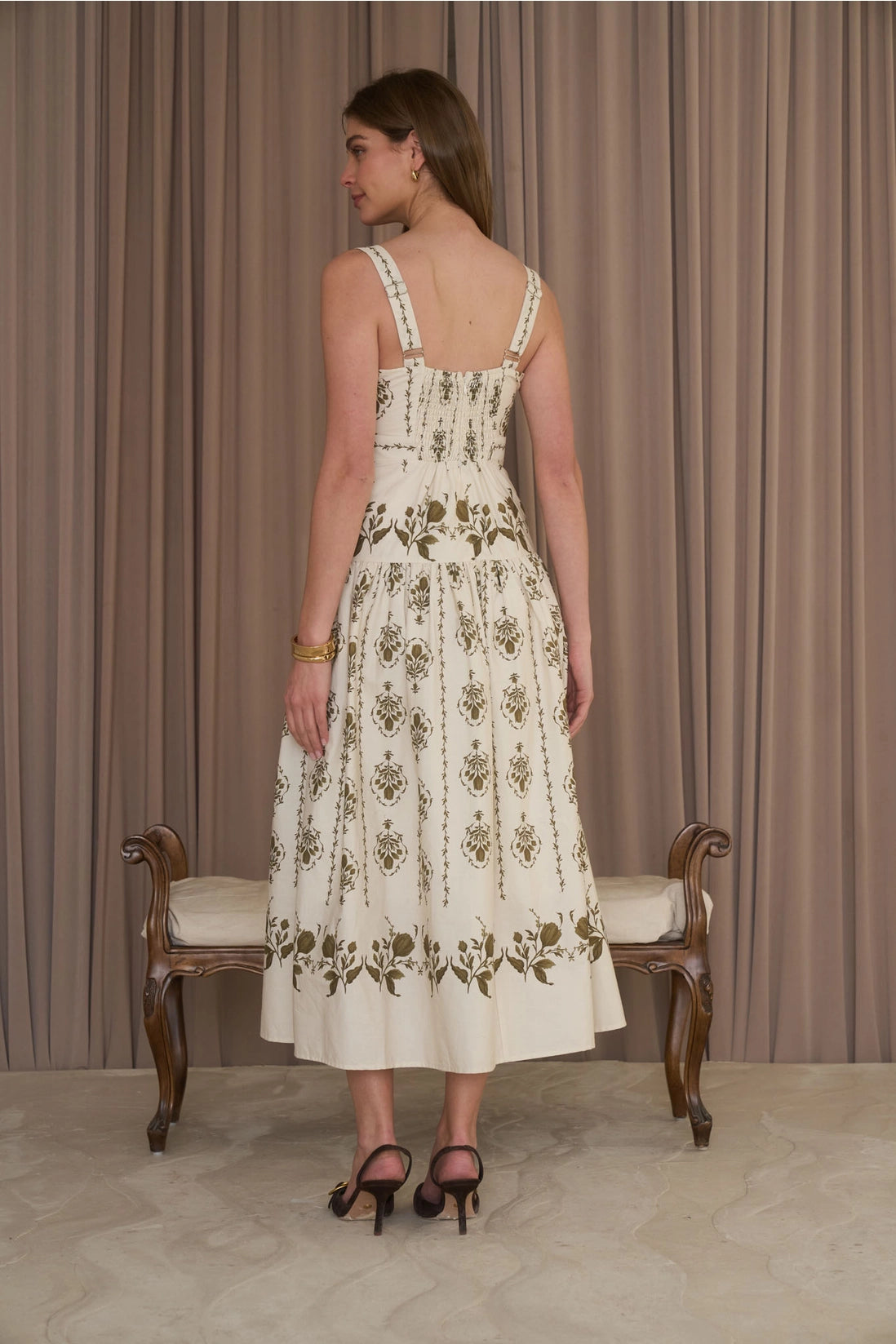 Green Botanical Drop Waist Midi Dress