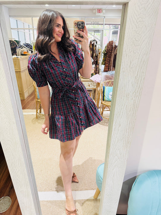 Navy Red Tartan Mini Dress