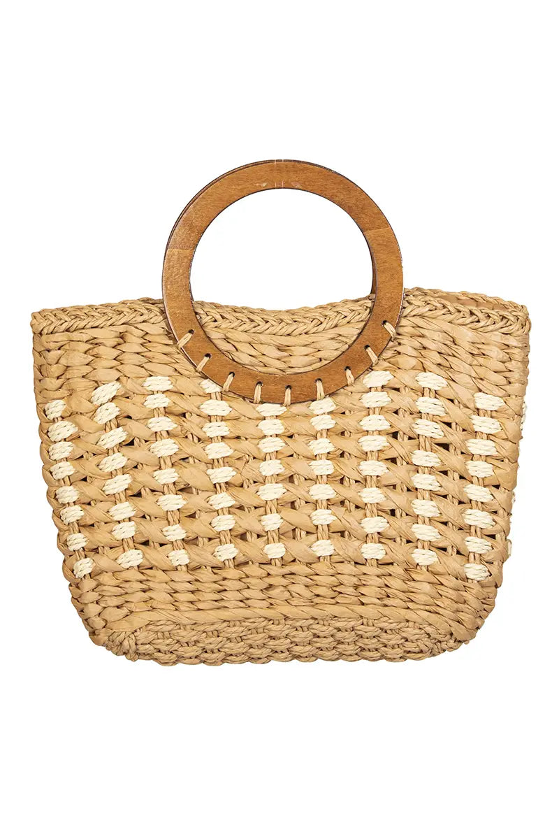Tan Small Braided Round Handle Tote Bag