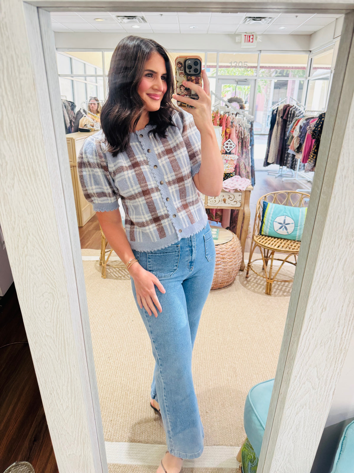 Dusty Blue Brown Sweater Top