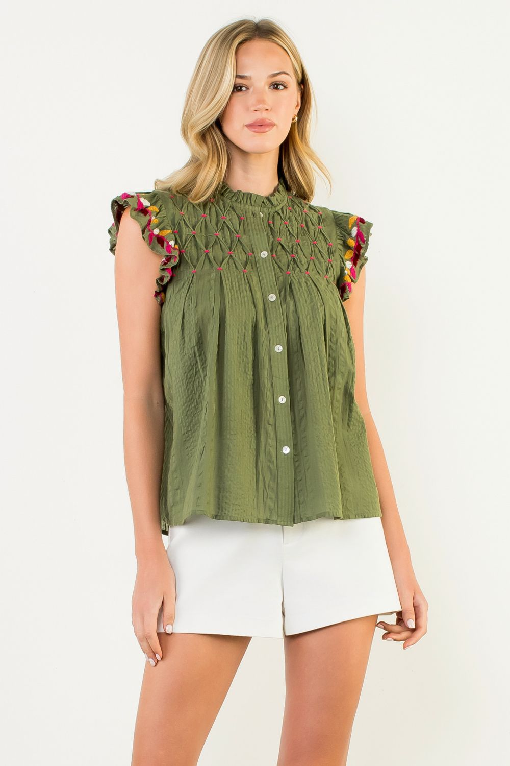 Gigi Button Up Flutter Sleeve Top THML