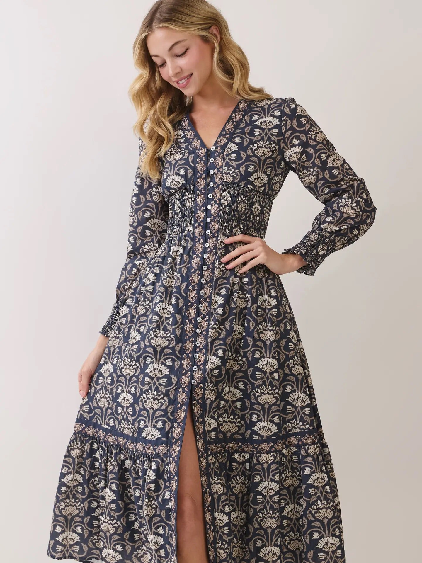 Floral Print Smocked Waist Midi Dress