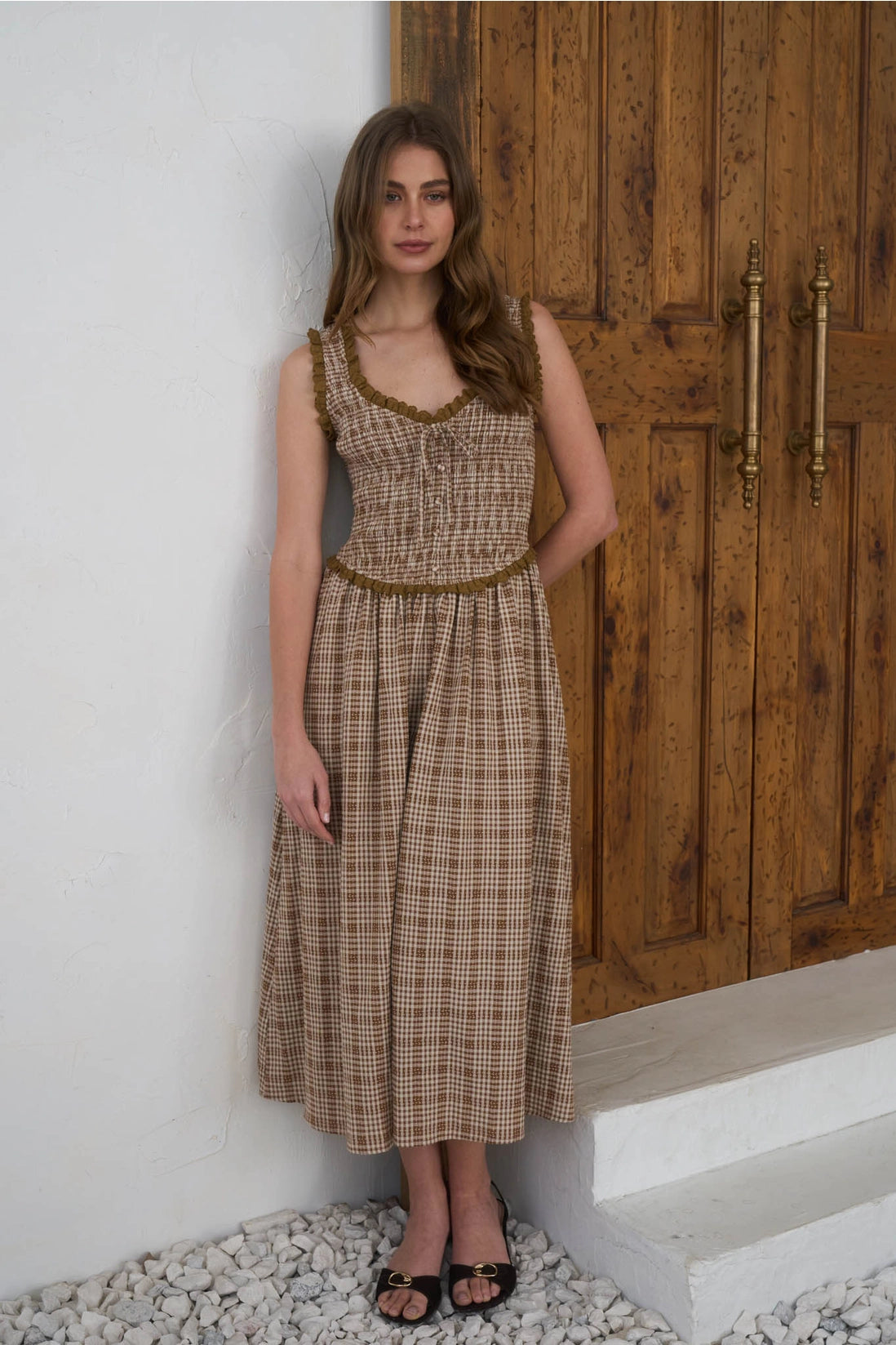 Brown Plaid Ruffle Dress