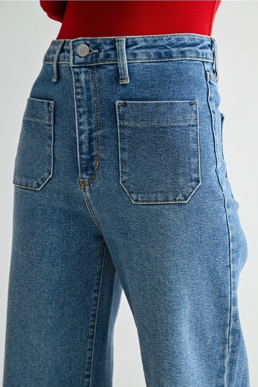Just Black (Medium Wash) Patch Pocket Wide Leg Jeans