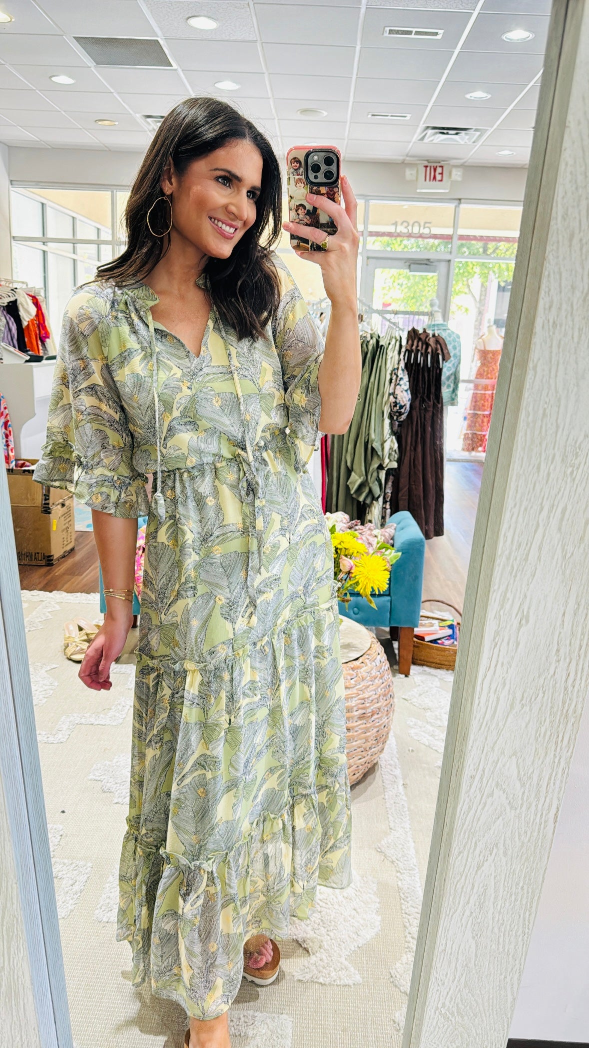 Olive Leaves Cinched Waist Maxi Jade