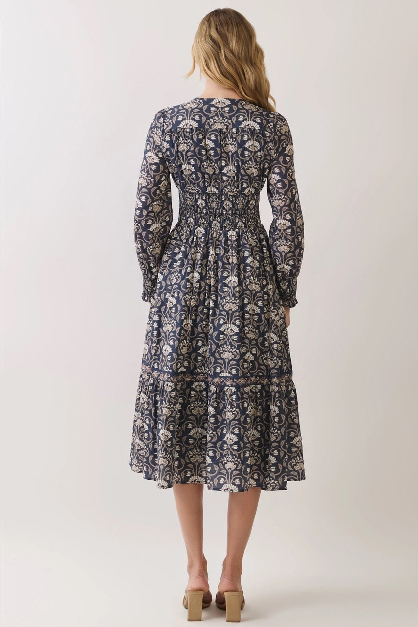 Floral Print Smocked Waist Midi Dress