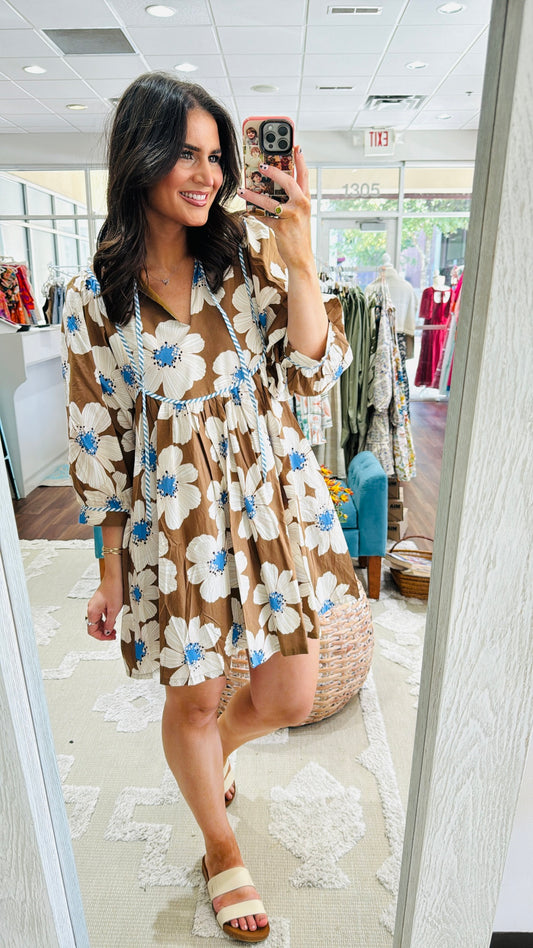 Brown Blue Floral Dress