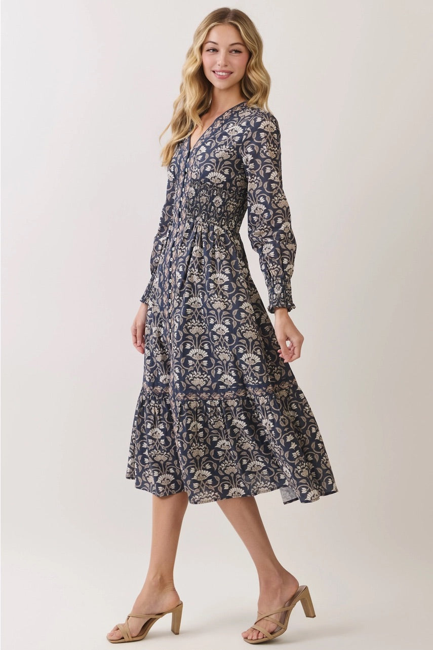 Floral Print Smocked Waist Midi Dress