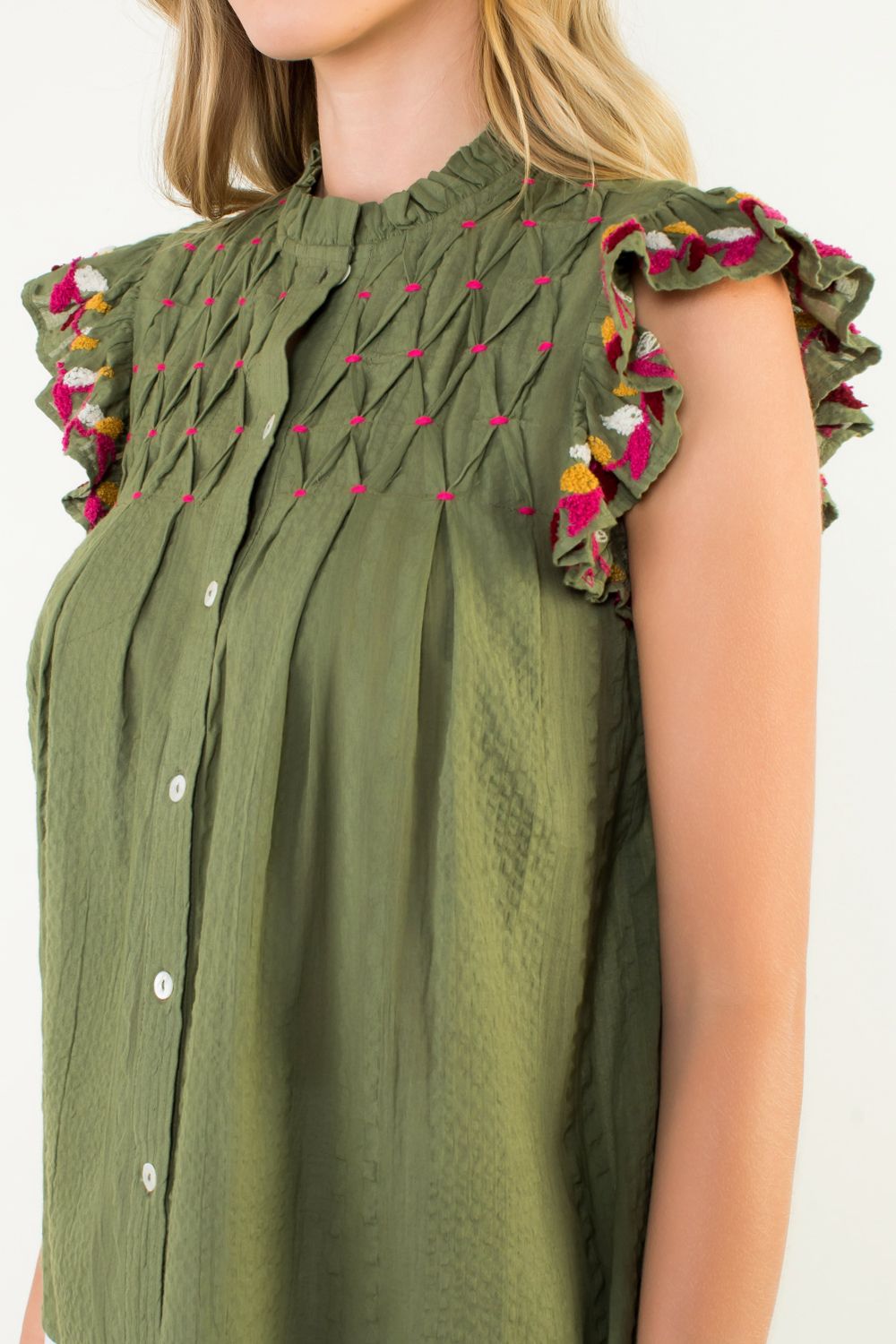 Gigi Button Up Flutter Sleeve Top THML