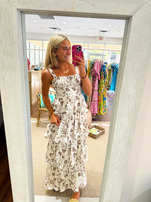 Brown Floral Tiered Maxi Dress