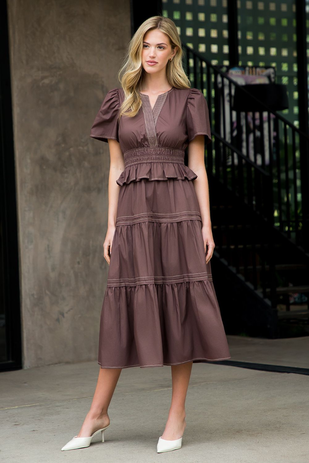 Sammy Chocolate Tiered Midi Dress THML