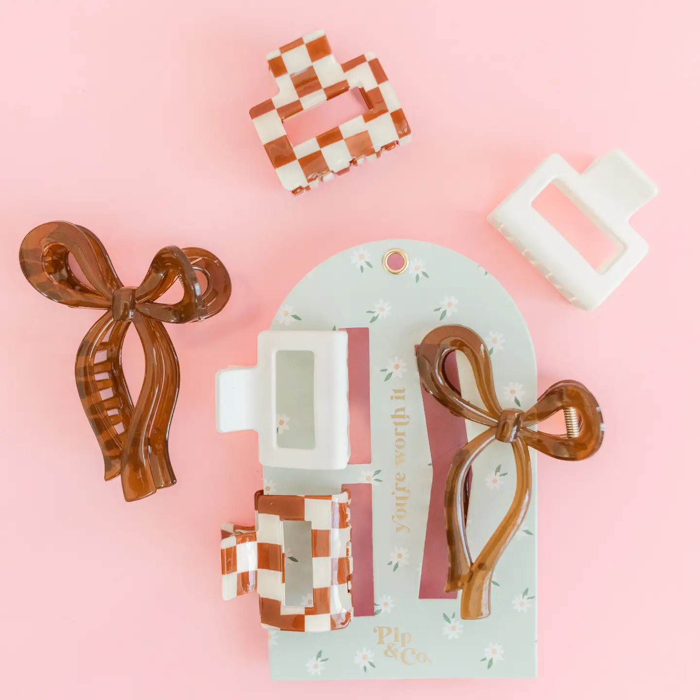 Mocha Bow & Checkered Claw 3 Clip Set