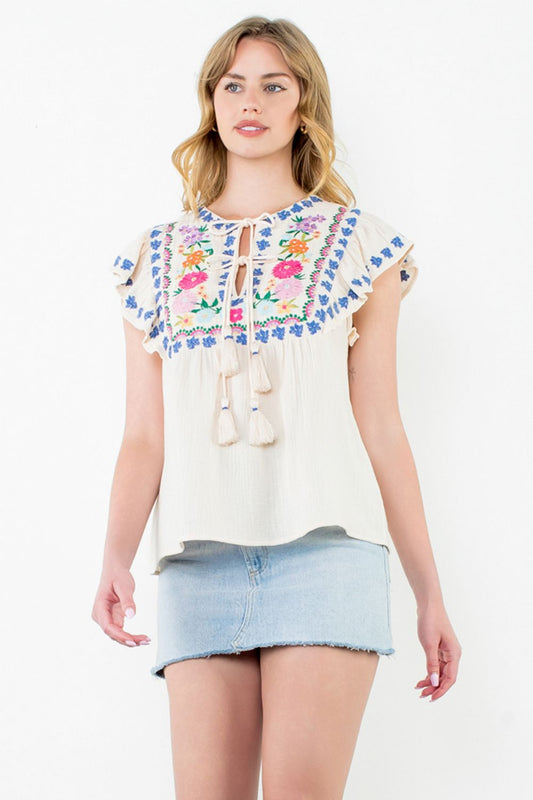 Tisa Embroidered Flutter Sleeve Top