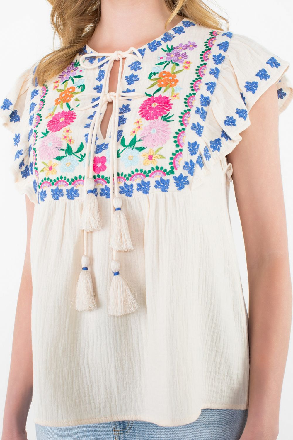 Tisa Embroidered Flutter Sleeve Top
