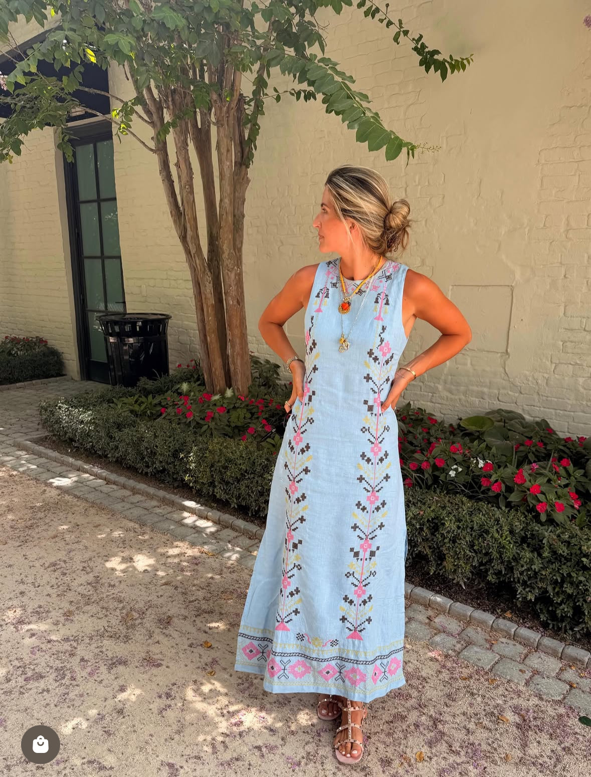 Light Blue Linen with Multi Color Embroidery Isabella Maxi