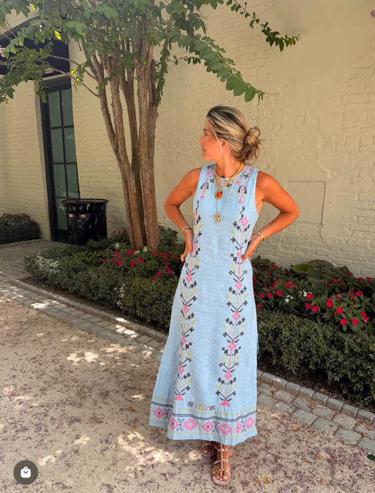 Light Blue Linen with Multi Color Embroidery Isabella Maxi
