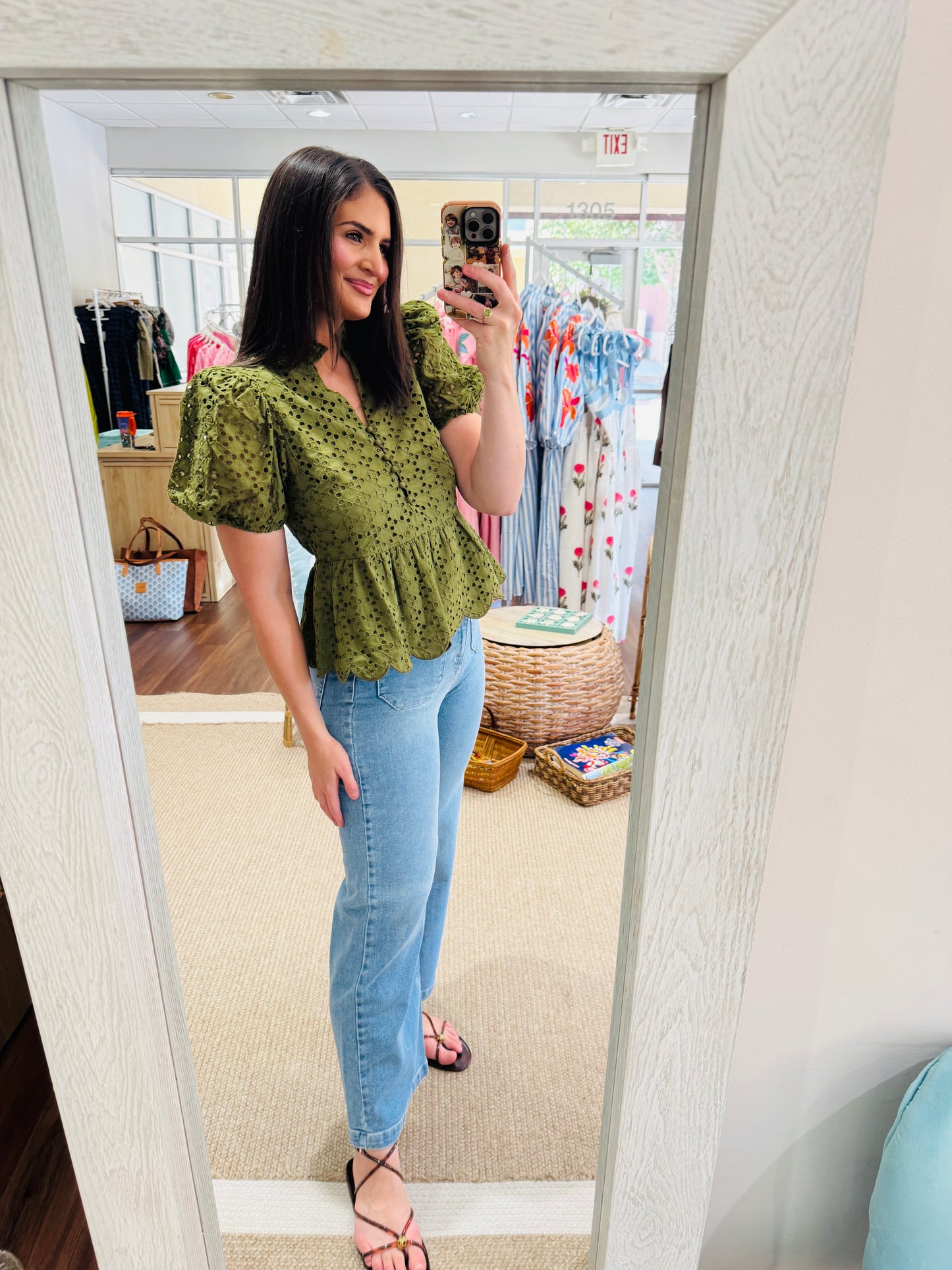 Olive Eyelet Peplum Top