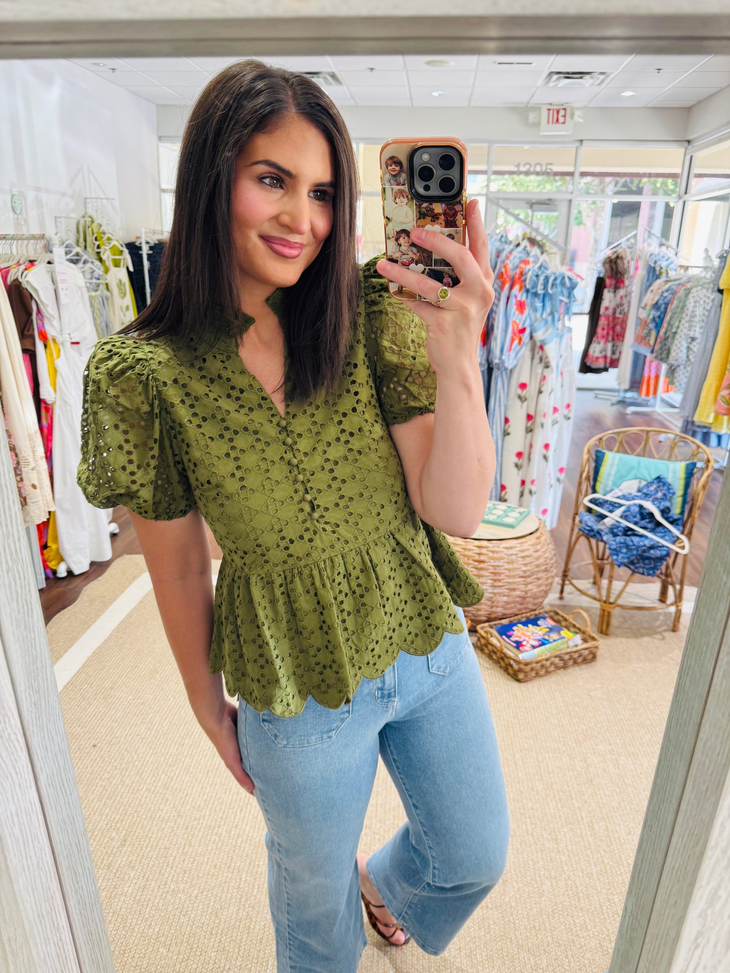 Olive Eyelet Peplum Top
