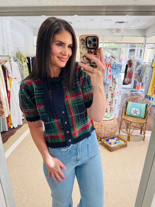 Navy Plaid Sweater Top