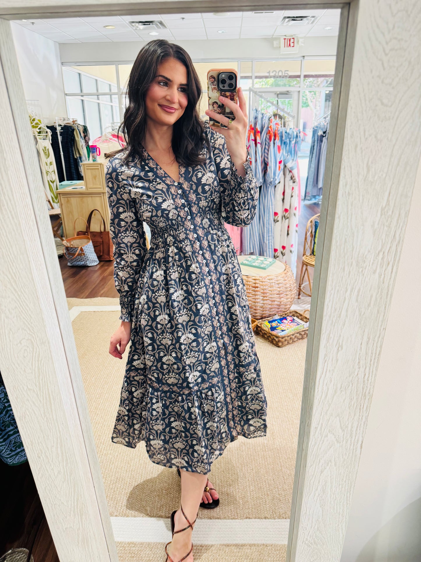Floral Print Smocked Waist Midi Dress