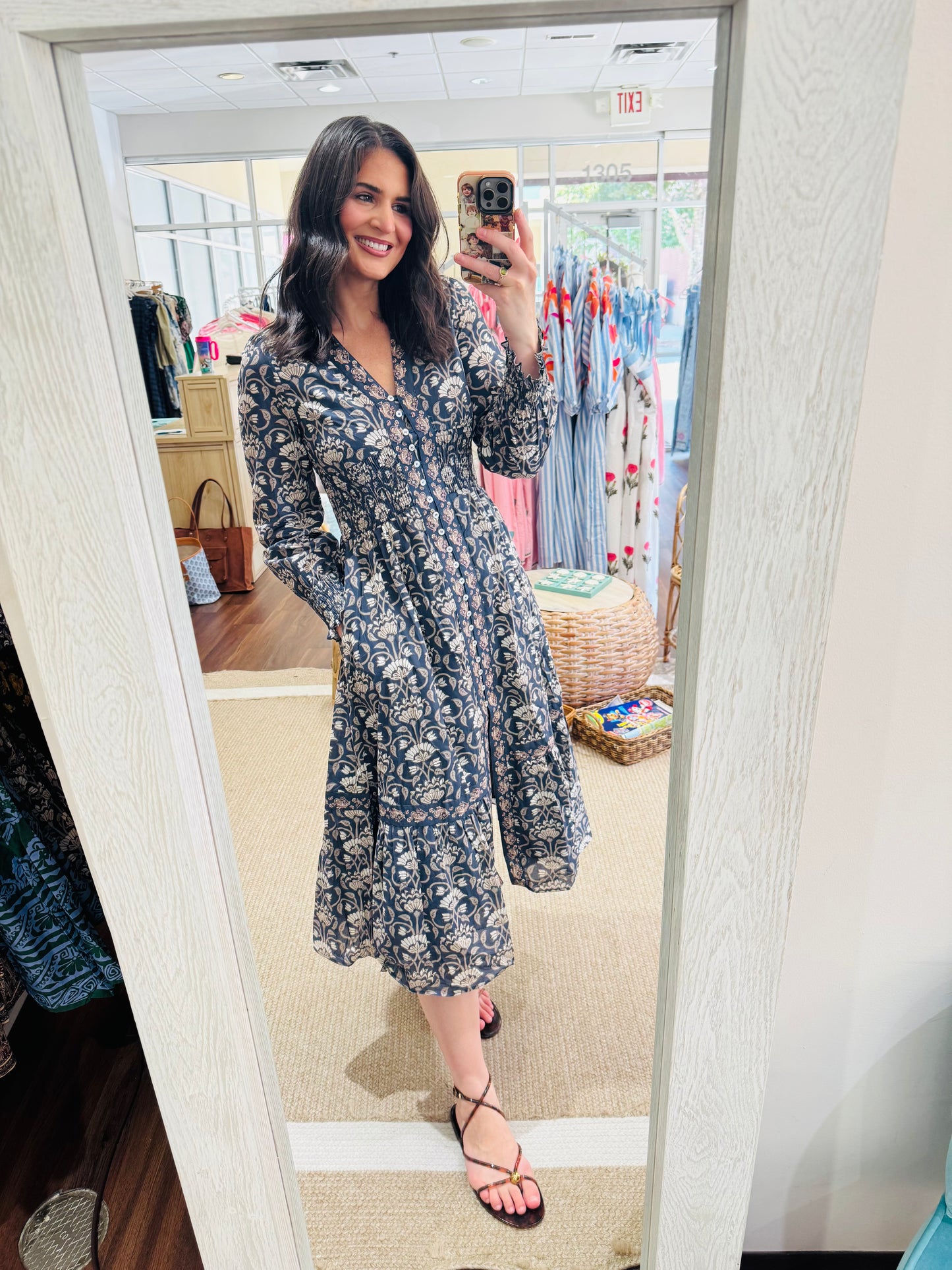 Floral Print Smocked Waist Midi Dress