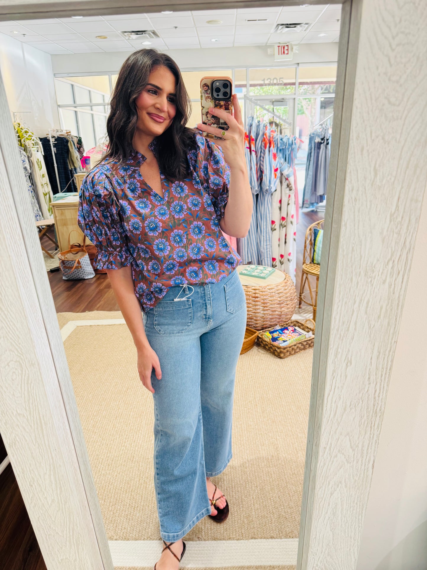 Brown Blue Fall Floral Top Entro