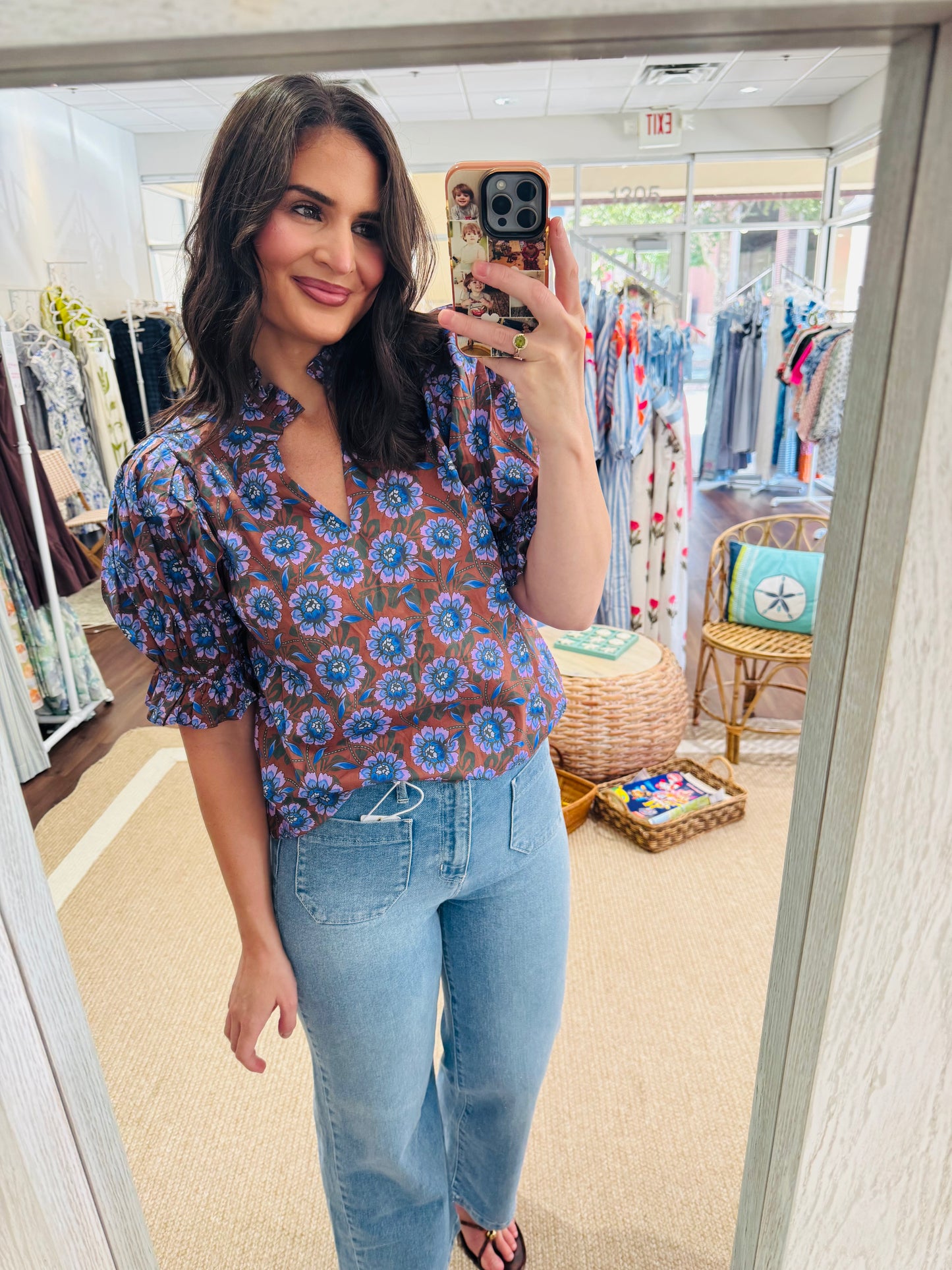 Brown Blue Fall Floral Top Entro