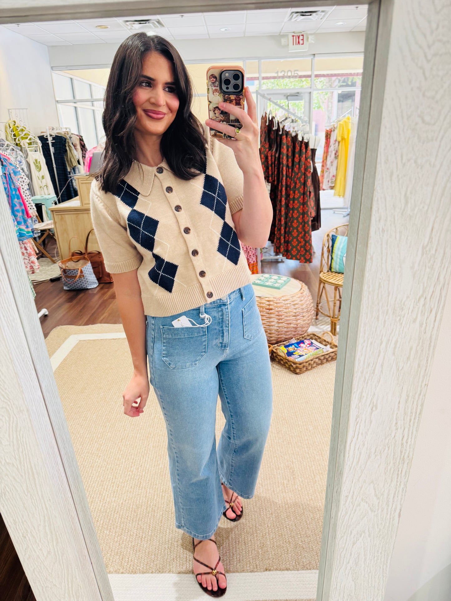 Oatmeal Navy Argyle Sweater Top Entro