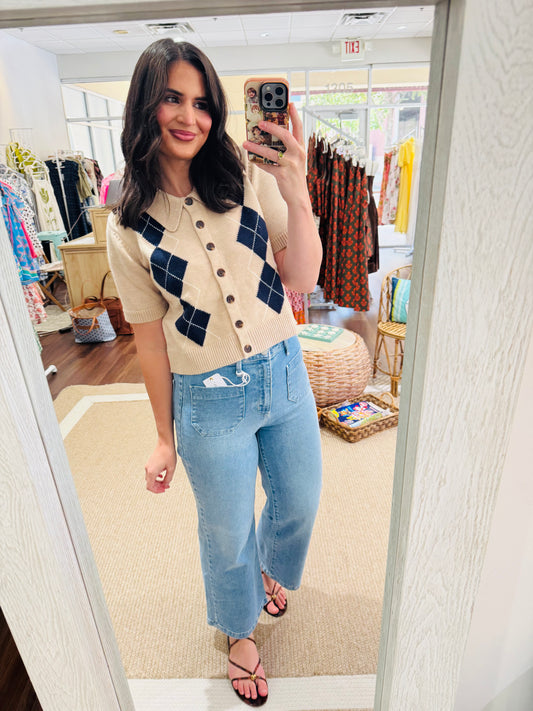 Oatmeal Navy Argyle Sweater Top Entro
