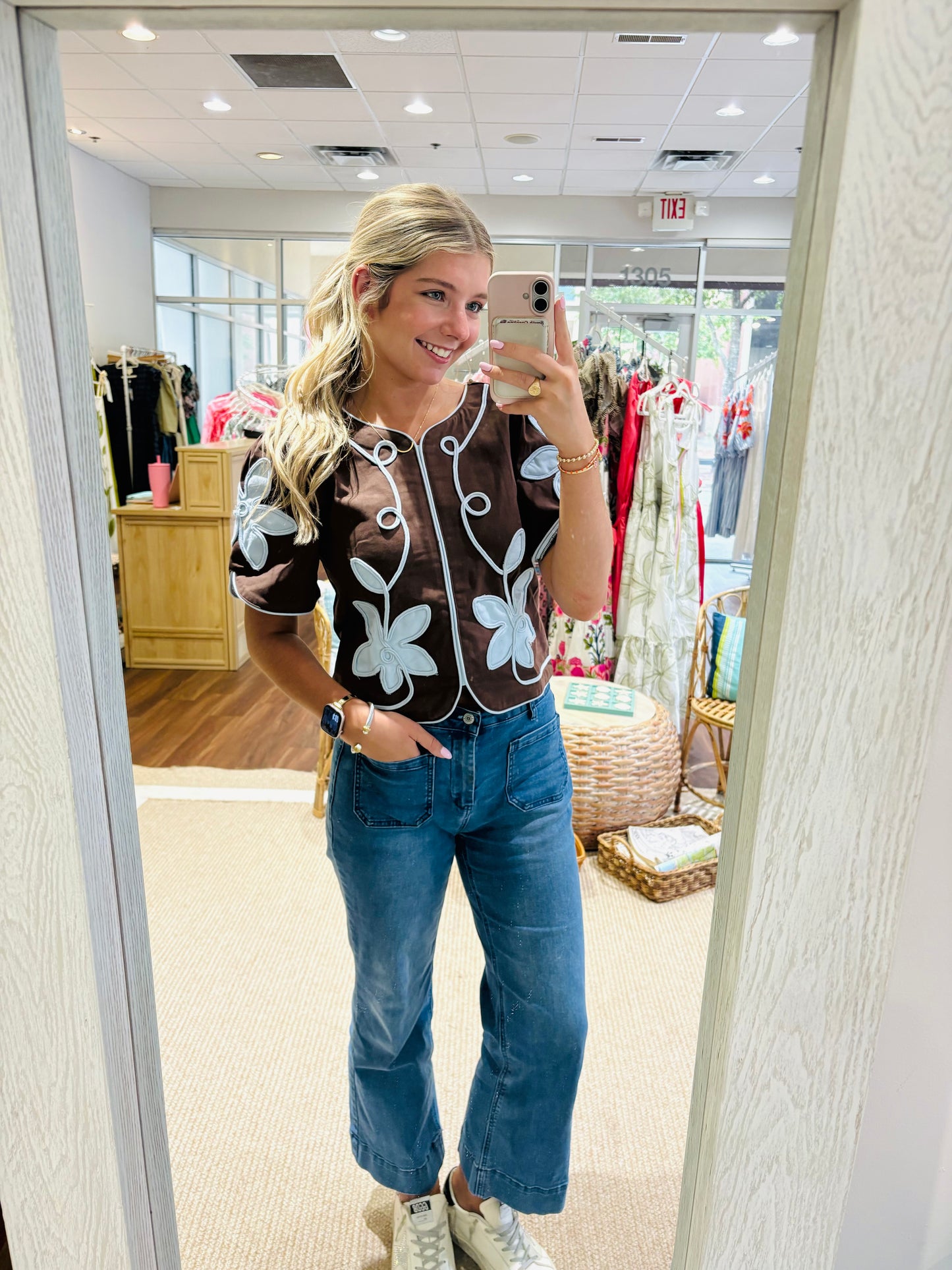 Brown Blue Statement Top